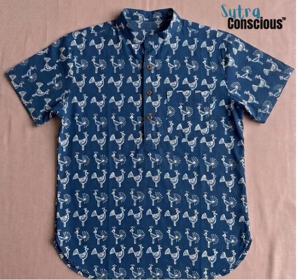 Blue Bird Block Print Kids Short Kurta
