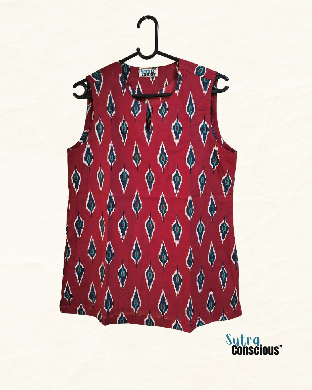 Red Block Print Sleeveless Women Short kurti