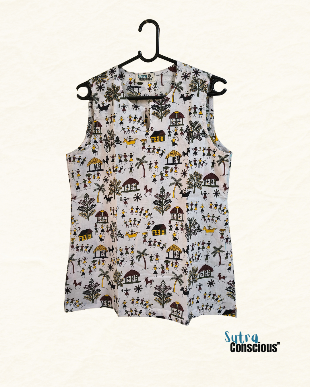 Warli Block Print Sleeveless Short Kurti
