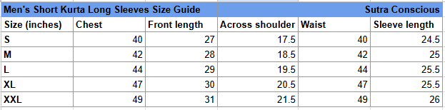 Size guide for Nandi Block Print Bagru Short Kurta